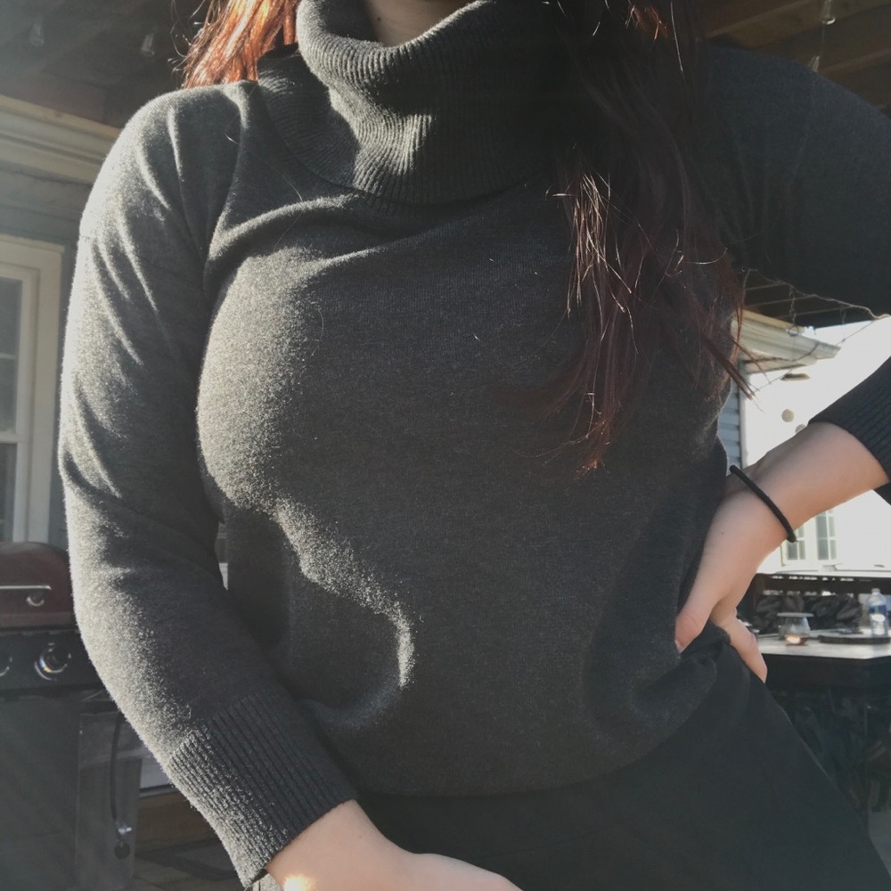 dark grey, loose turtleneck sweater